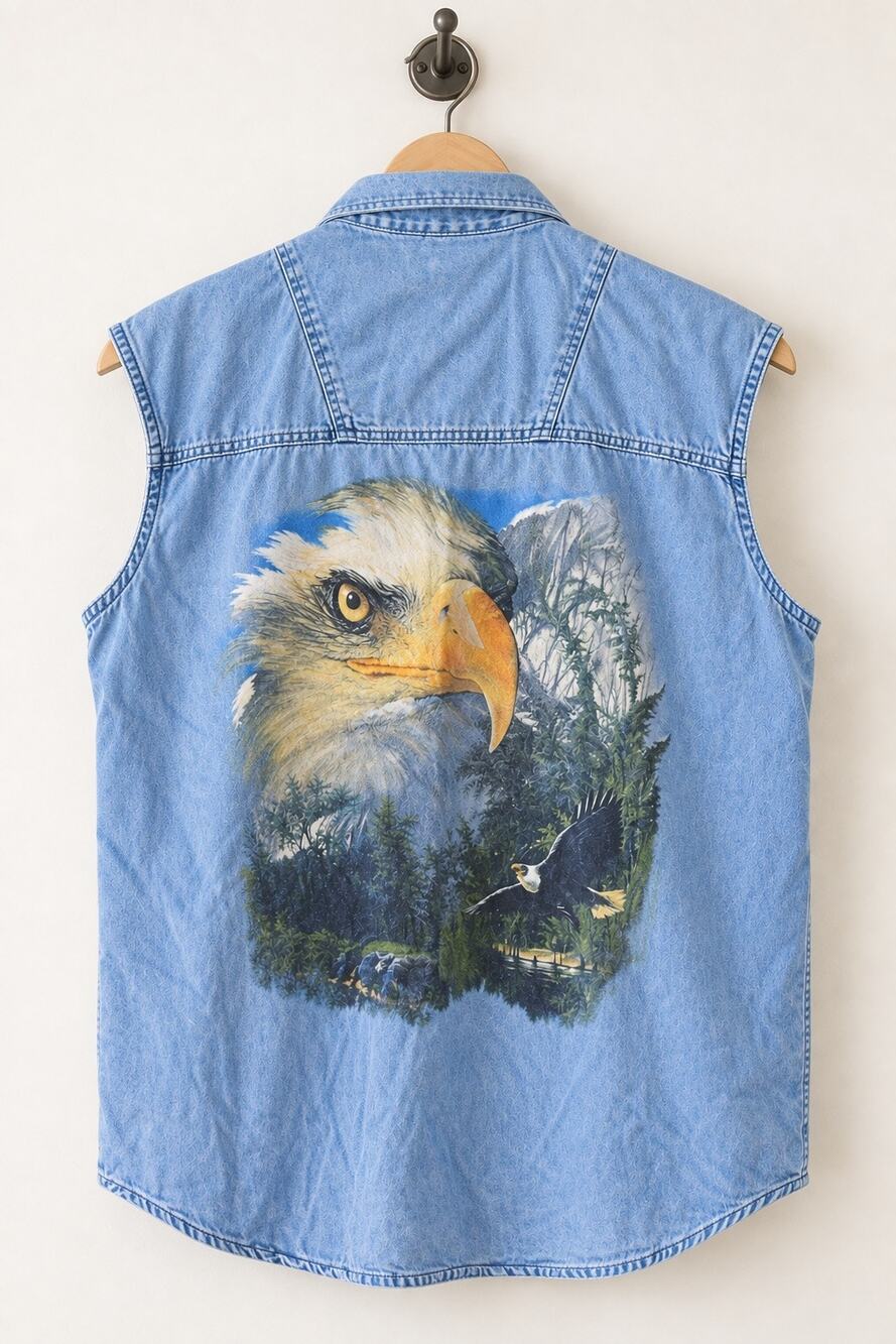 Vintage 90s Airbrushed Eagle Denim Sleeveless Shirt Biker Americana XL